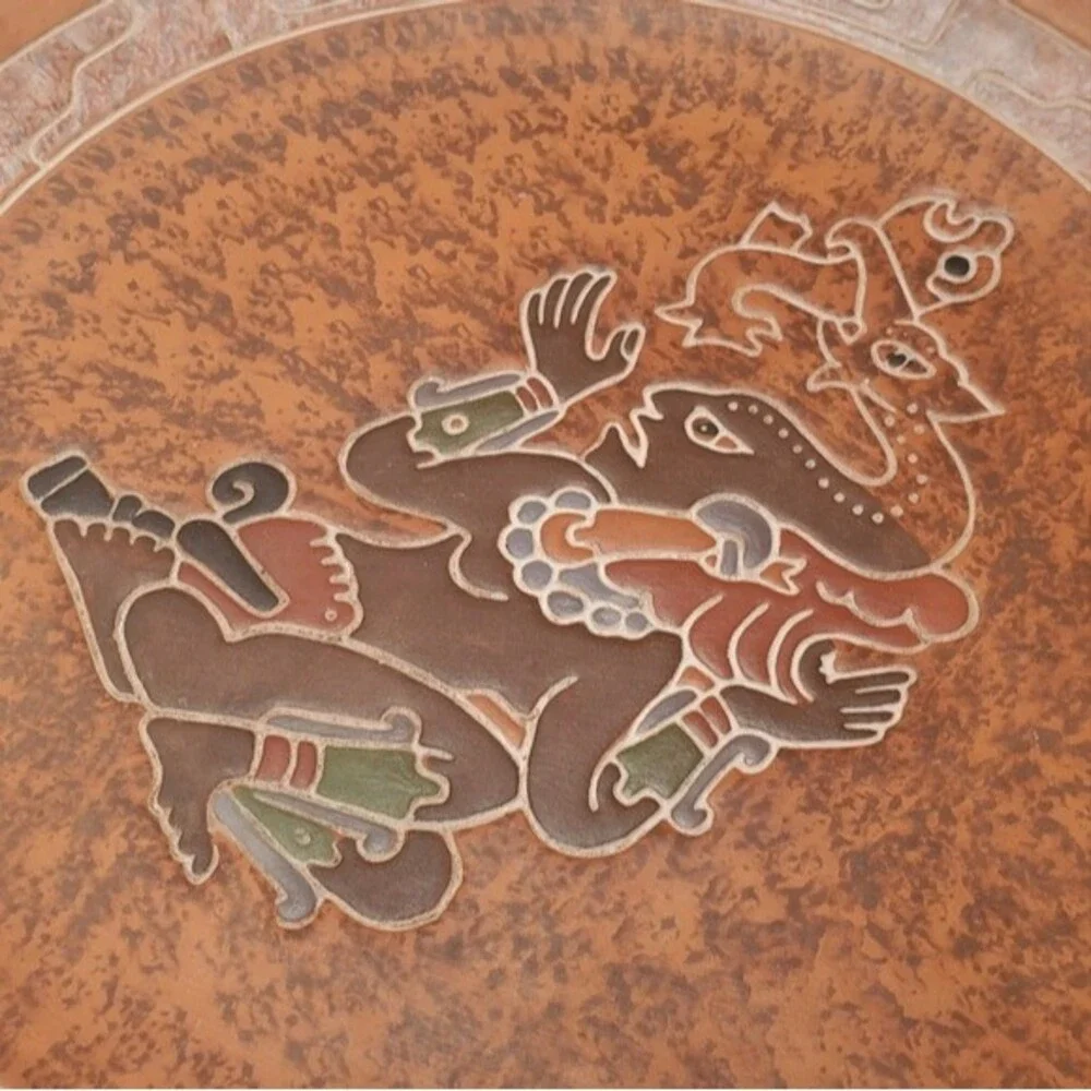 Vintage Mexican Pottery Plate Wall Hanger Aztec Mayan Snake Fish  - RARE